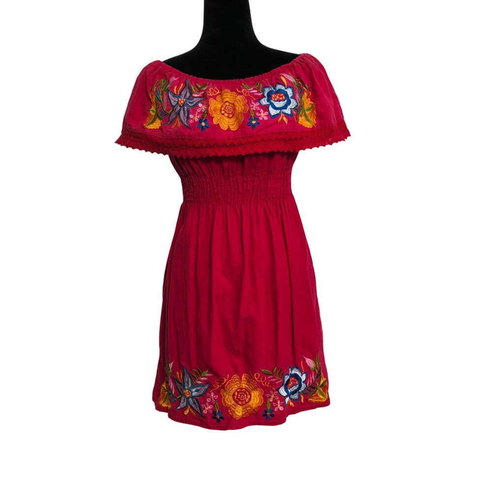 Authentic Mexican Embroidered Off Shoulder Dress Red Cotton Unitalla Fiesta